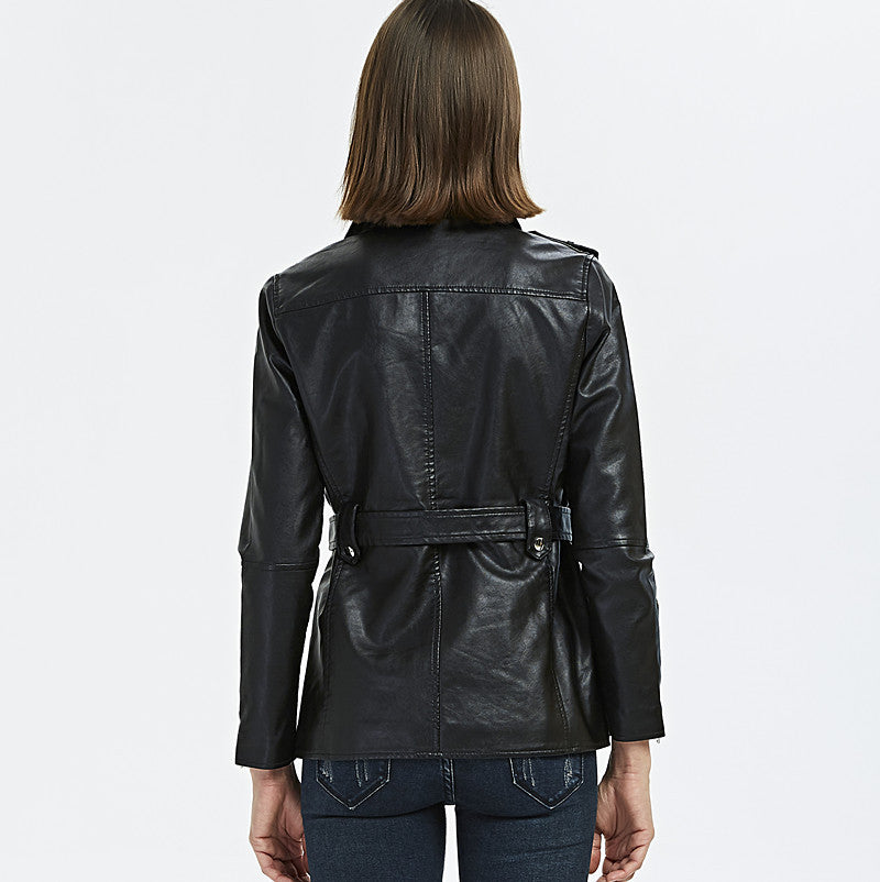Damen zeitlose Bikerjacke aus Kunstleder mit Gürtel und Reißverschlussdetails EB