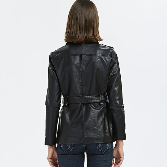 Damen zeitlose Bikerjacke aus Kunstleder mit Gürtel und Reißverschlussdetails EB