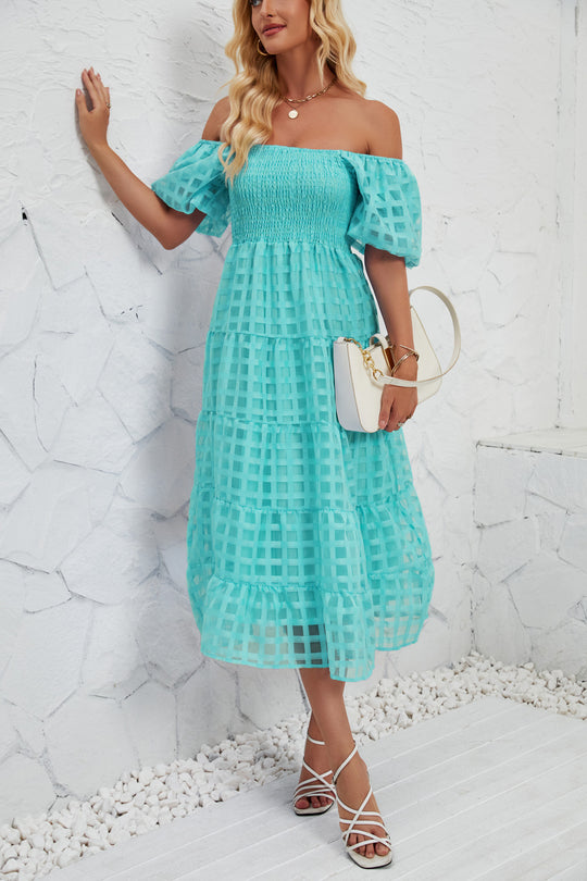 Damen Midikleid mit Off-Shoulder-Design und luftigen Puffärmeln EB
