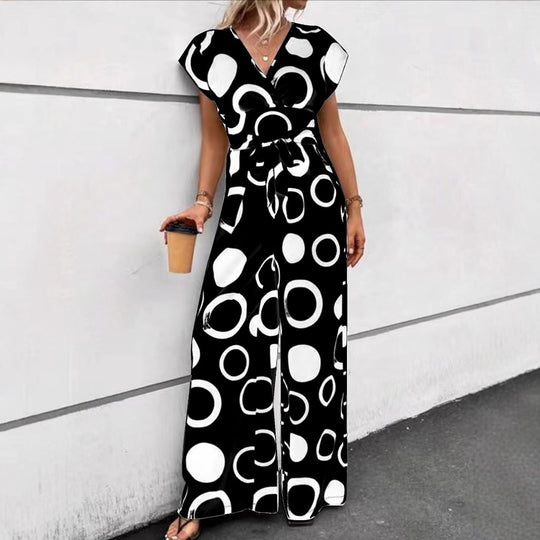 Damen Jumpsuit mit modernem Kreismuster und Taillengürtel EB