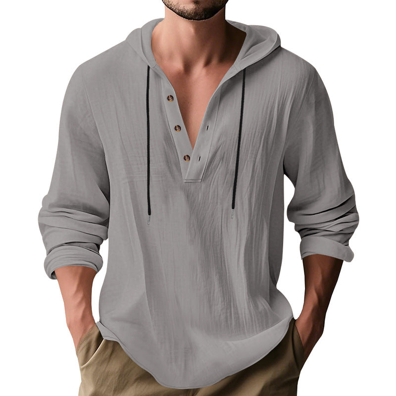 Herren nan lässiges Leinenhemd mit Kapuze und Henley-Knopfleiste EB