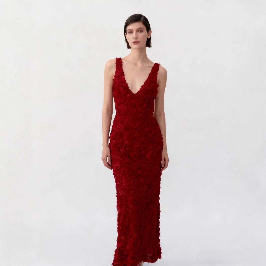 Damen Maxikleid mit opulentem Blumendesign und tiefem V-Ausschnitt EB