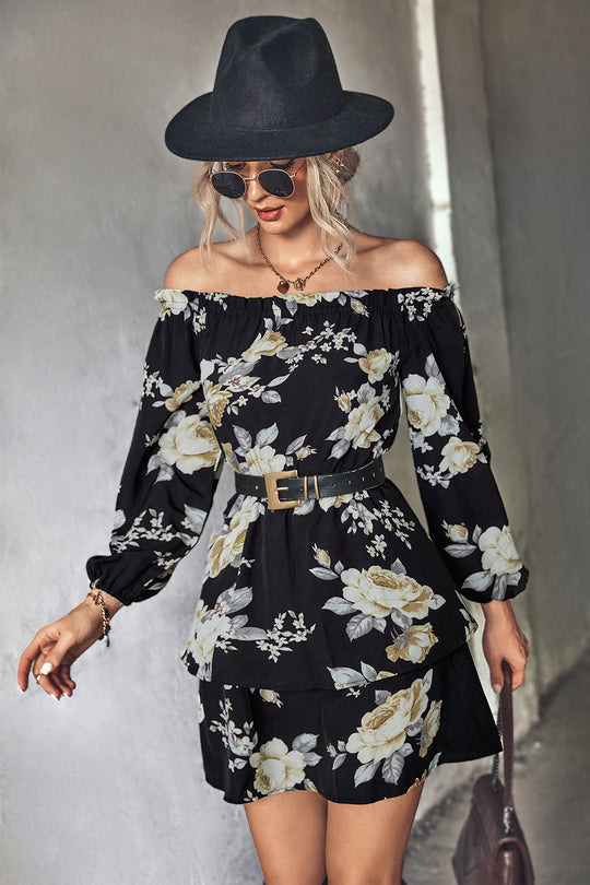 Damen Off-Shoulder Minikleid mit floralem Druck und Rüschensaum EB