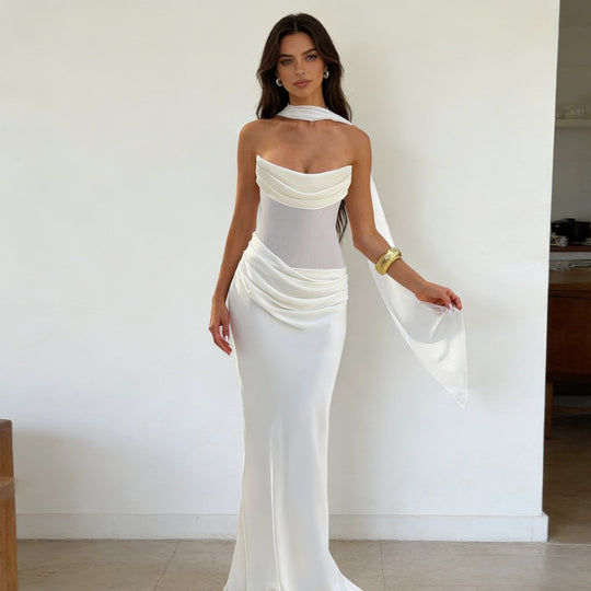 Damen Elegantes schulterfreies Maxikleid mit verführerischem Rüschendetail EB