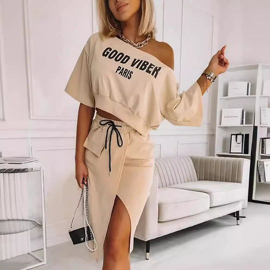 Damen lässiges Crop-Top und Rock Set mit seitlichem Schlitz EB