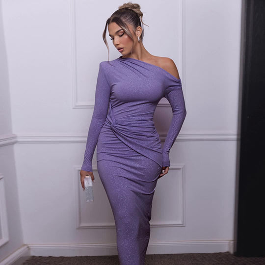 Damen Elegantes Maxikleid mit asymmetrischem Oberteil und Drapierung EB