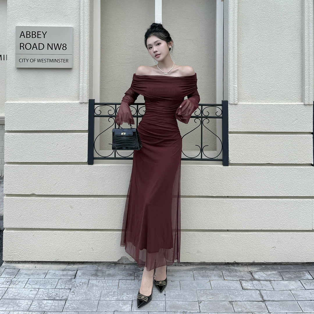 Damen Off-Shoulder Abendkleid mit gerafftem Design und langen Ärmeln EB