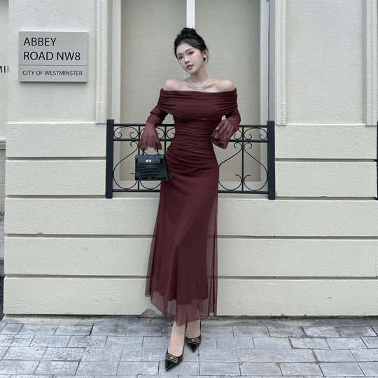 Damen Off-Shoulder Abendkleid mit gerafftem Design und langen Ärmeln EB