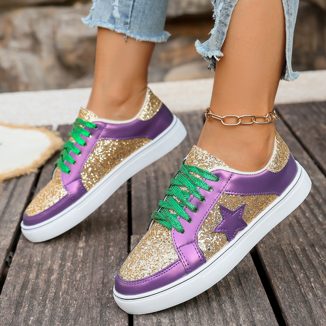 Damen modische Plateausneaker mit Glitzerpanelen, Sternapplikation und gepolsterter Komfortsohle EB