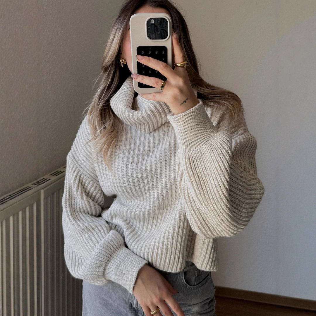 Damen Strickpullover mit hohem Kragen und voluminösen Ärmeln EB