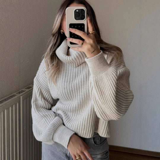 Damen Strickpullover mit hohem Kragen und voluminösen Ärmeln EB
