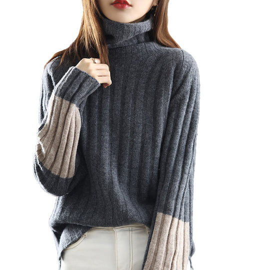Damen Grob gestrickter Rollkragenpullover mit modischem Streifenmuster EB