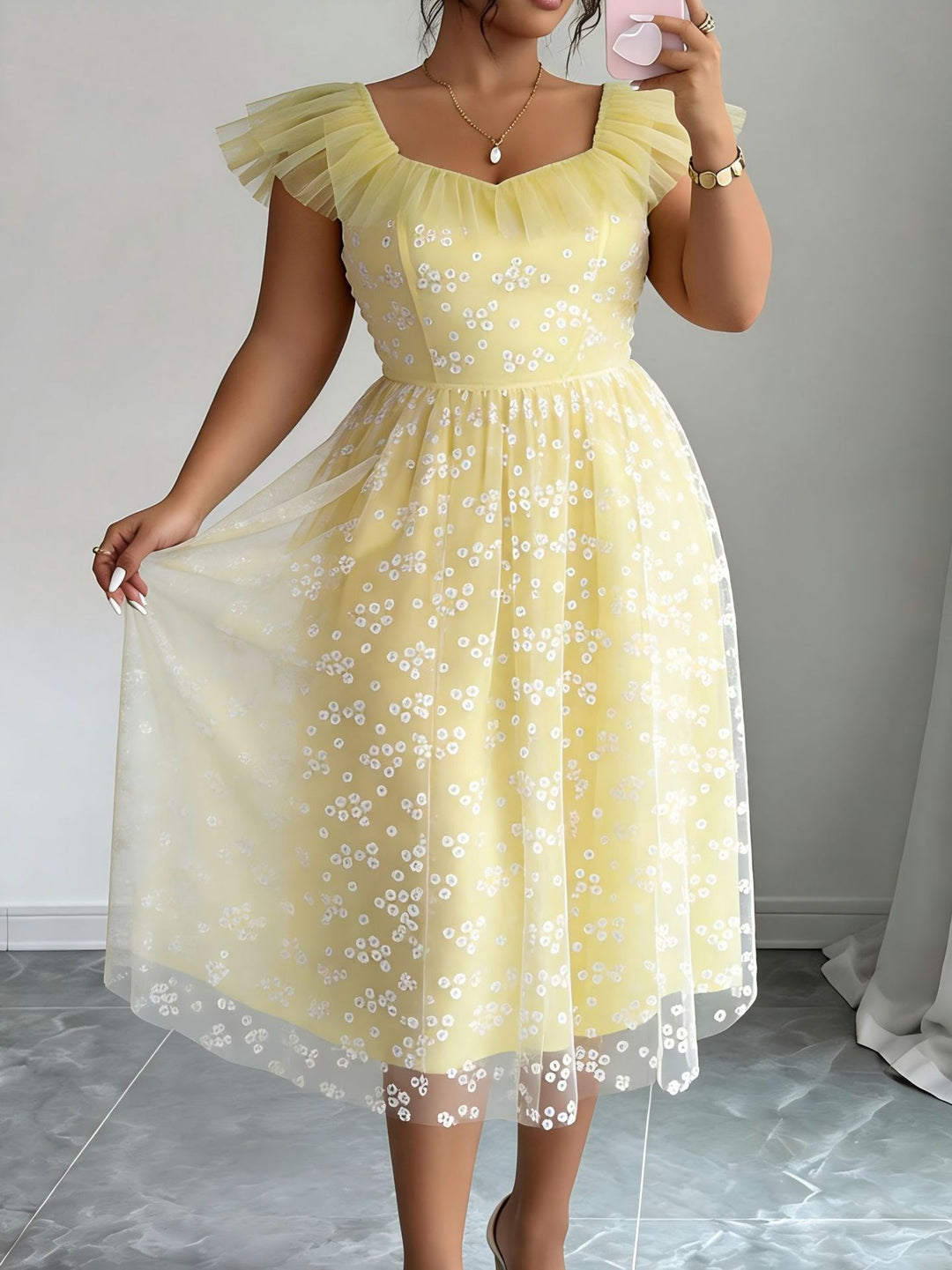 Damen festliches Blütenkleid mit voluminösen Tüllärmeln EB