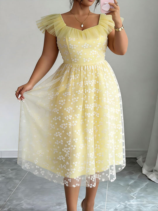 Damen festliches Blütenkleid mit voluminösen Tüllärmeln EB