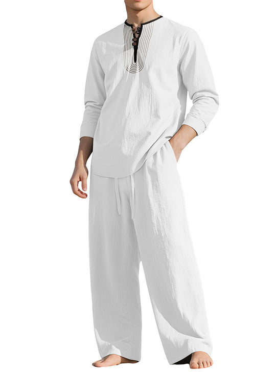Herren nan Tunika- und Palazzohose-Set mit Henley-Blende, Zierstickerei und weitem Schnitt EB