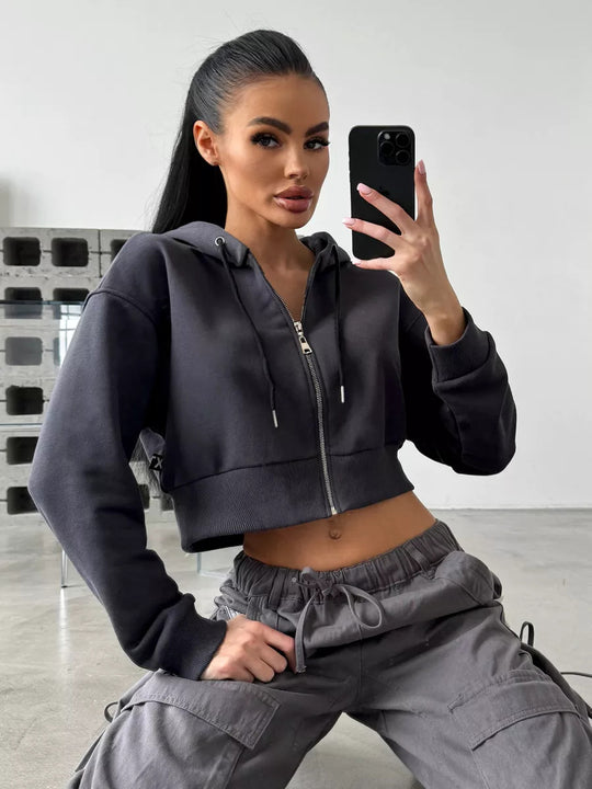 Damen Cropped Kapuzenjacke mit kurzem Reißverschluss und breitem Rippbund EB