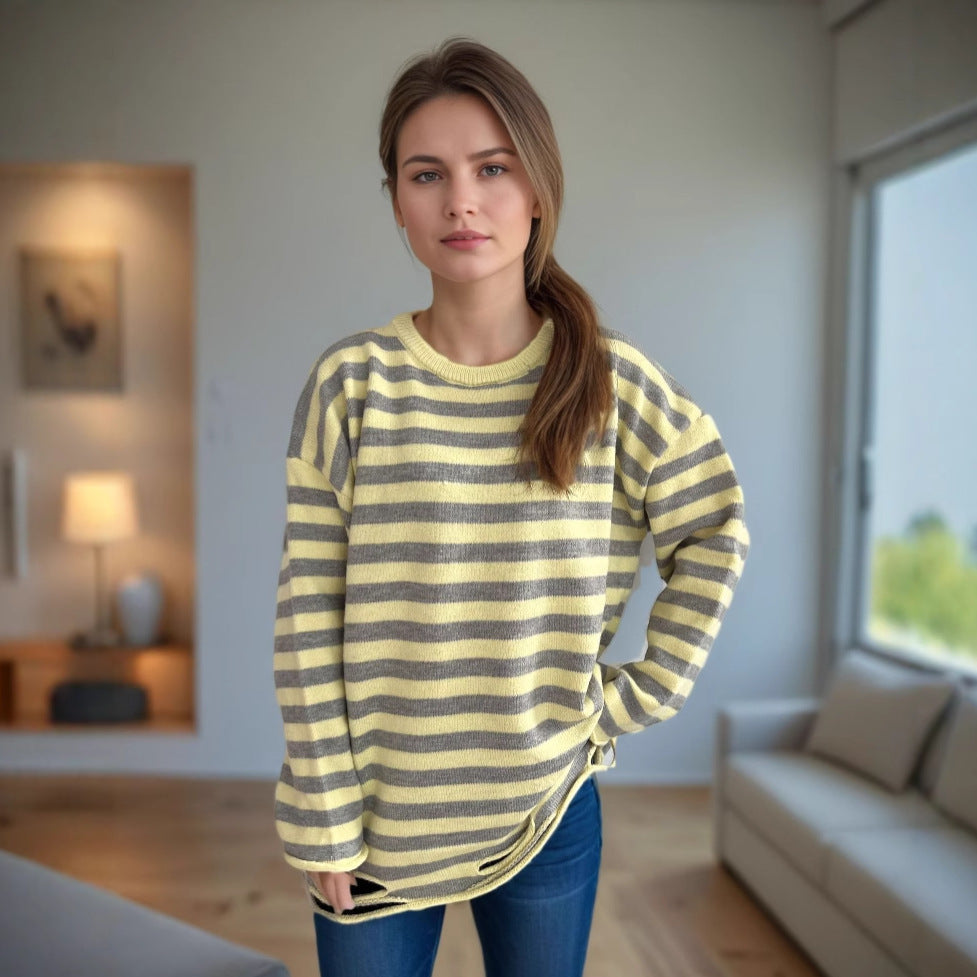 Damen lässiger Oversize-Pullover mit breiten Streifen EB