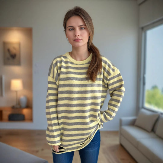 Damen lässiger Oversize-Pullover mit breiten Streifen EB