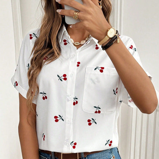 Damen Kurzarm Bluse mit Kirschmotiv und Tasche EB