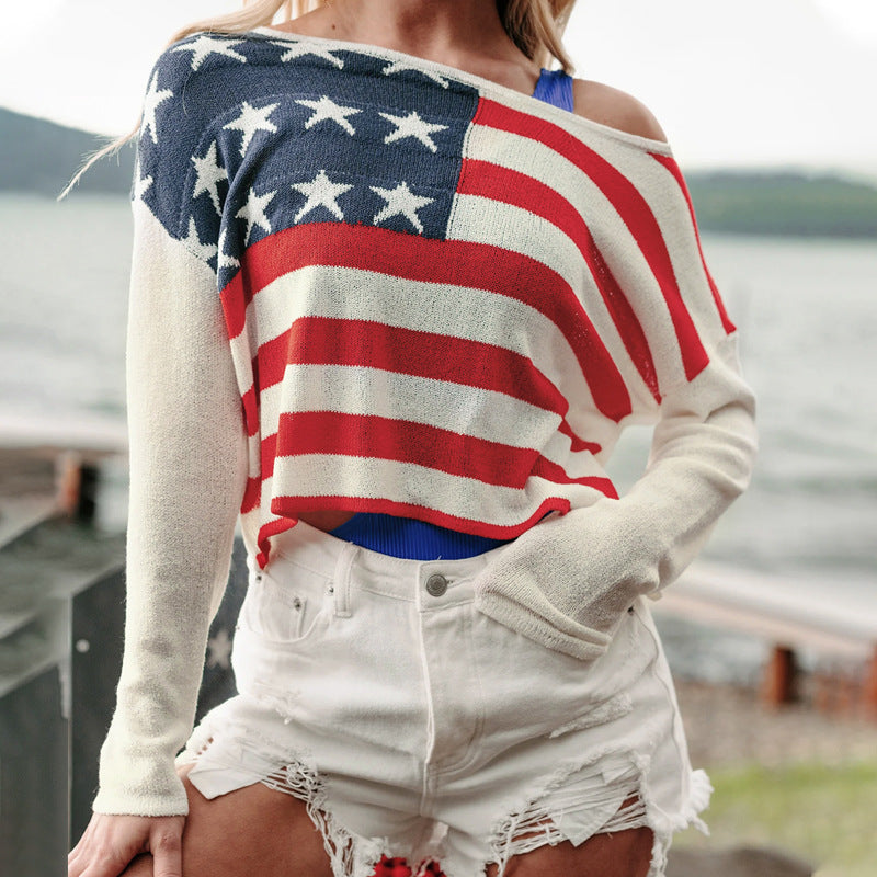 Damen lässiger Pullover mit Flaggenmuster und weiten Ärmeln EB