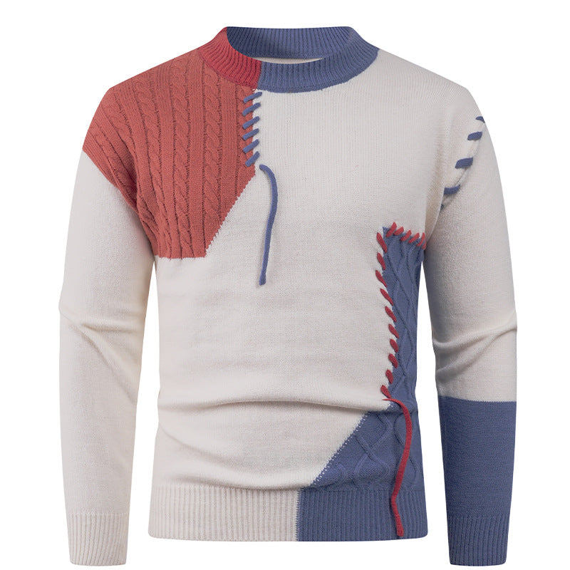 Herren nan Patchwork-Strickpullover mit Zopfstrick-Einsätzen und dekorativen Nahtapplikationen EB
