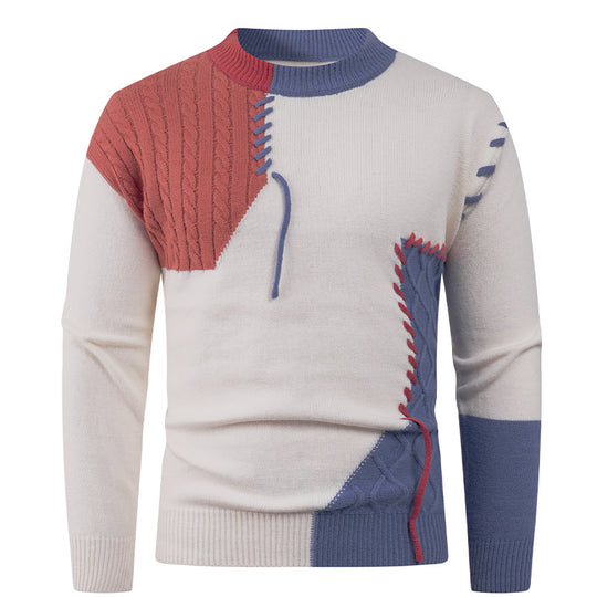 Herren nan Patchwork-Strickpullover mit Zopfstrick-Einsätzen und dekorativen Nahtapplikationen EB