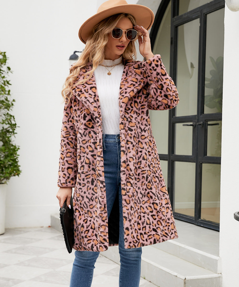 Damen Luxuriöser Kunstfellmantel mit Leopard-Design EB