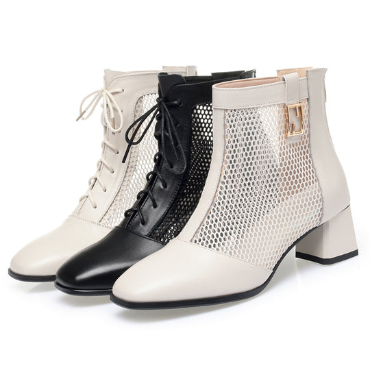 Damen Modische Stiefeletten mit luftiger Netzoptik und bequemem Blockabsatz EB