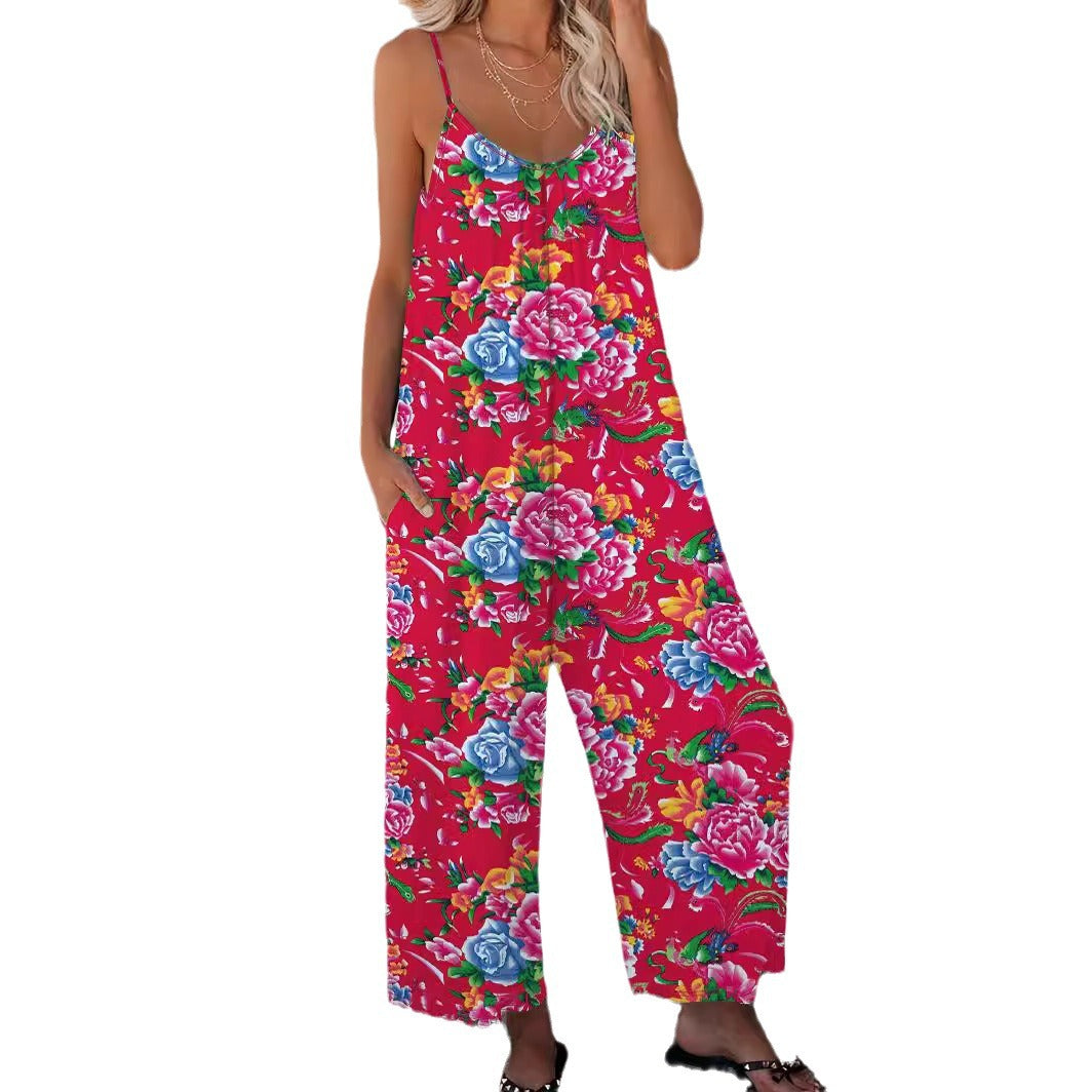 Damen Luftiger Jumpsuit mit floralem Design und verstellbaren Trägern EB
