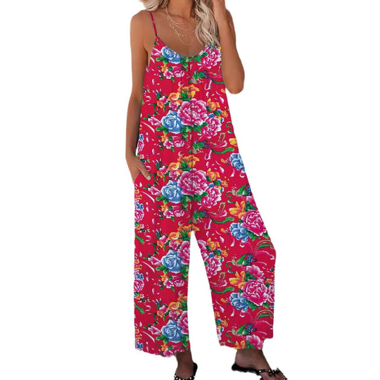Damen Luftiger Jumpsuit mit floralem Design und verstellbaren Trägern EB
