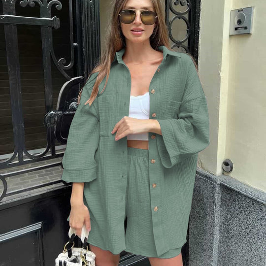 Damen nan lässiges Musselin-Zweiteiler Set mit Oversize-Hemd und elastischer Highwaist-Shorts EB
