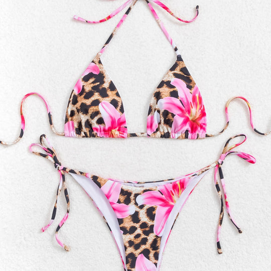 Damen Triangel-Bikini mit floralem Leopardenmuster und verstellbaren Bindebändern EB
