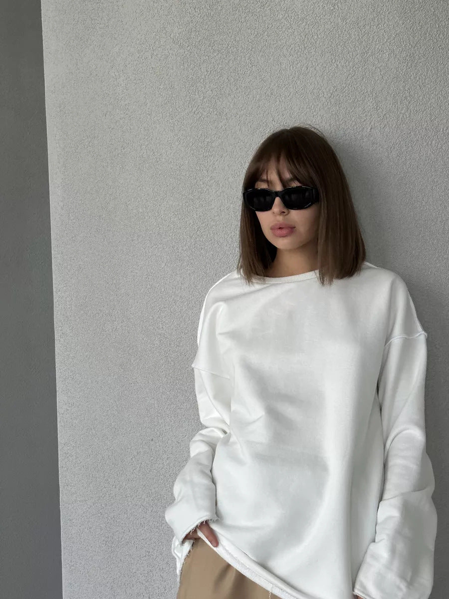 Damen oversized Sweatshirt mit ausgefranstem Saum und verlängerten Ärmeln EB