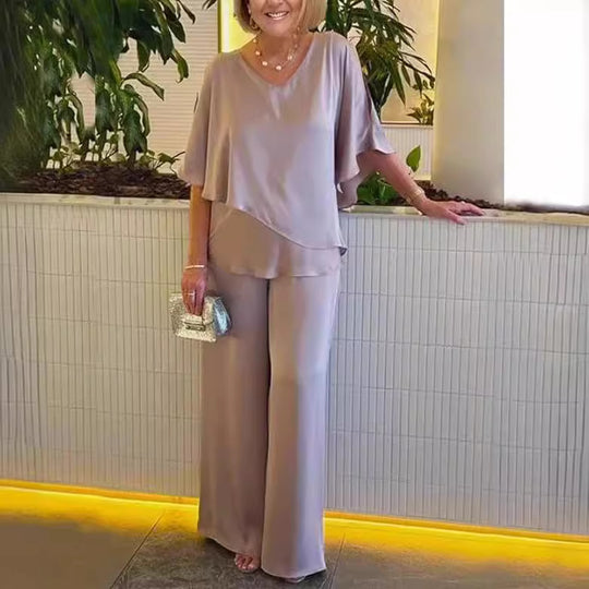 Damen Zweiteiler-Set mit fließendem Oberteil und weitem Hosen EB