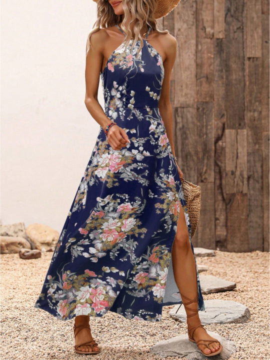 Damen Maxikleid mit elegantem Halter-Ausschnitt und floralem Design EB
