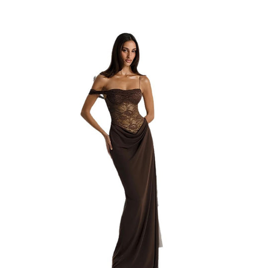 Damen Abendkleid mit schulterfreiem Spitzenoberteil und fließendem Rock EB
