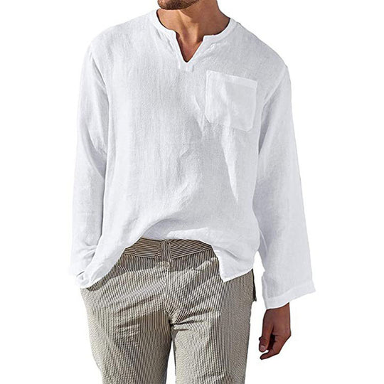 Herren Leinen Langarmshirt mit Henley-Ausschnitt und Brusttasche EB