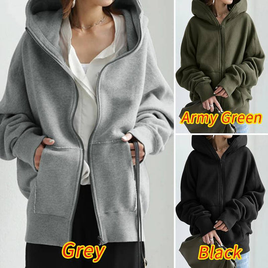 Damen nan übergroße Kapuzenjacke mit Reißverschluss und Kängurutasche aus flauschigem Fleece EB