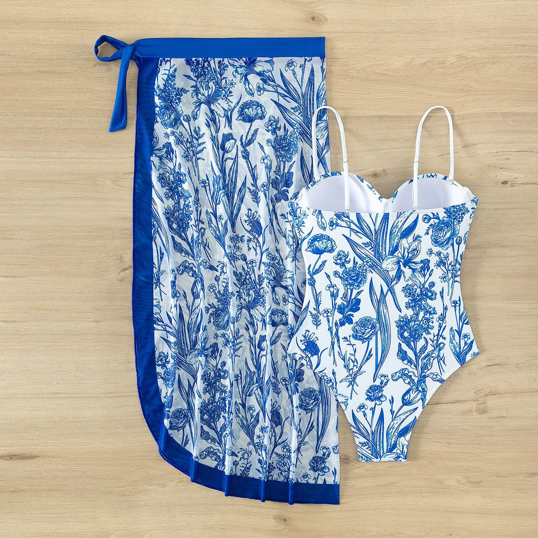 Damen Bademode mit floralem Muster und transparenter Sarong-Hülle EB