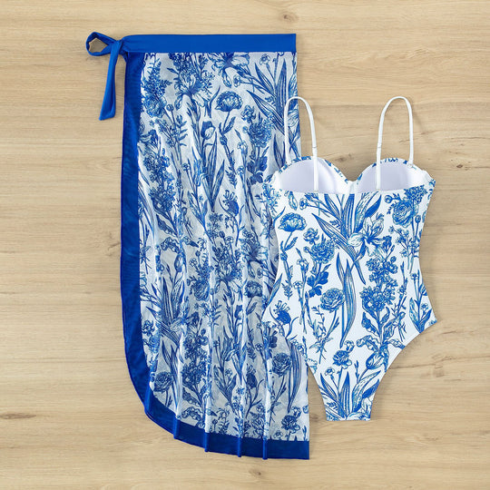 Damen Bademode mit floralem Muster und transparenter Sarong-Hülle EB
