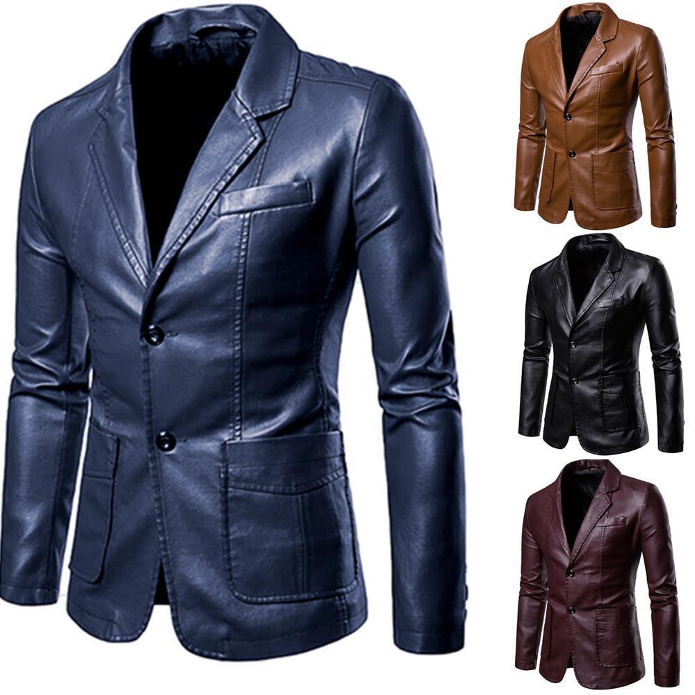 Herren nan schlanker Lederblazer mit Reverskragen und aufgesetzten Taschen EB