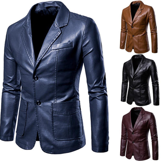 Herren nan schlanker Lederblazer mit Reverskragen und aufgesetzten Taschen EB