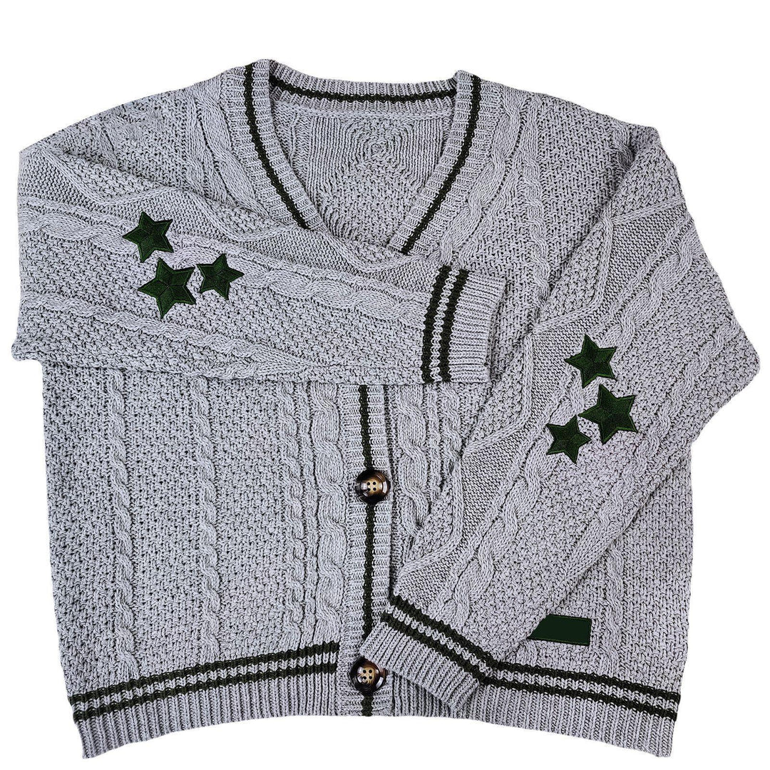 Damen nan oversized Zopfmuster-Cardigan mit V-Ausschnitt, Knopfleiste und Sternapplikationen EB