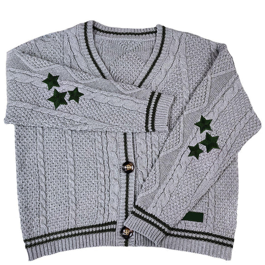 Damen nan oversized Zopfmuster-Cardigan mit V-Ausschnitt, Knopfleiste und Sternapplikationen EB