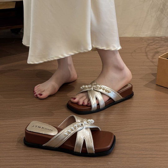 Damen elegante Sandaletten mit funkelnden Perlenakzenten EB