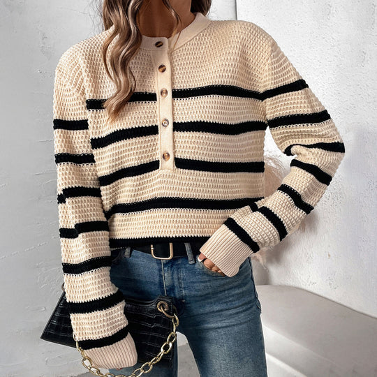 Damen gestreifter Strickpullover mit Knopfleiste und lässigem Schnitt EB