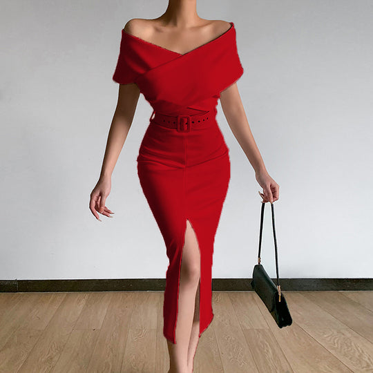 Damen Etuikleid mit schulterfreiem Design und hohem Schlitz EB