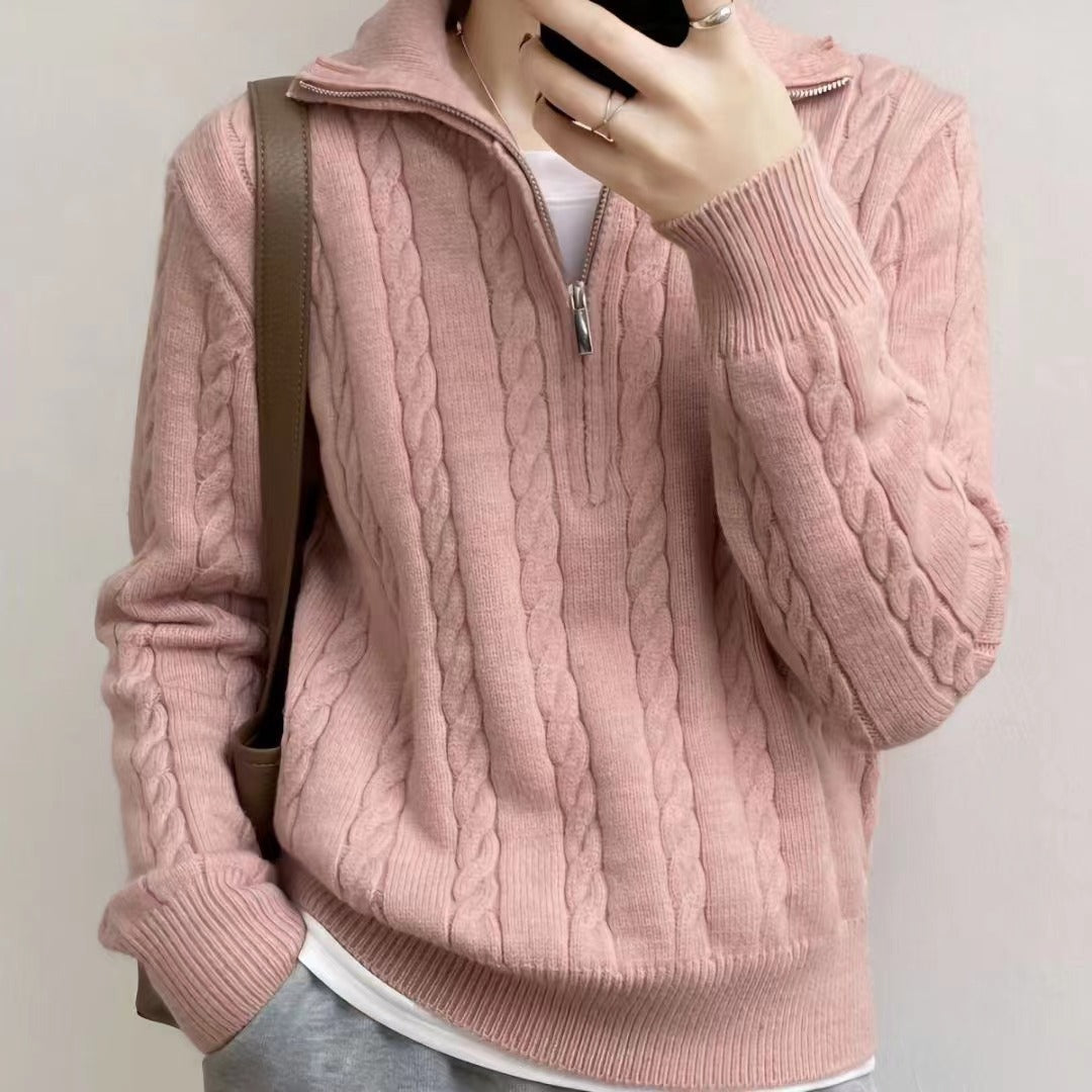 Damen kuscheliger Strickpullover mit hochschließendem Kragen und Zipper EB