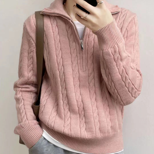 Damen kuscheliger Strickpullover mit hochschließendem Kragen und Zipper EB