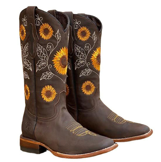 Damen Western-Stiefel mit Sonnenblumen-Stickerei und mittelhohem Blockabsatz EB